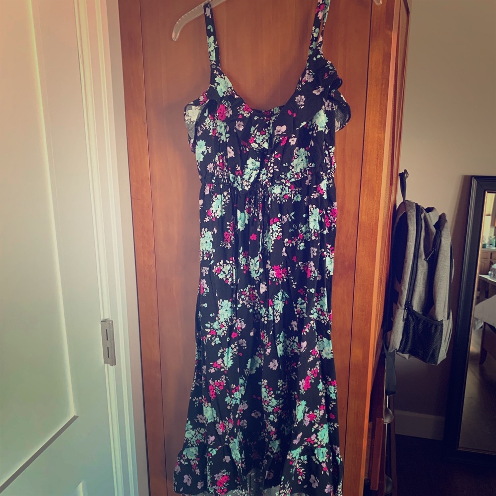 Black dress with pink/purple and blue flowers
